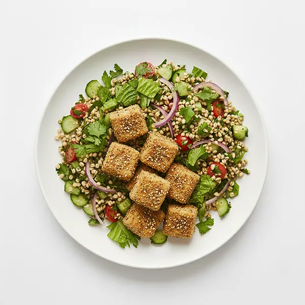 Za'Atar Crispy Tofu With Herbed Freekeh Salad